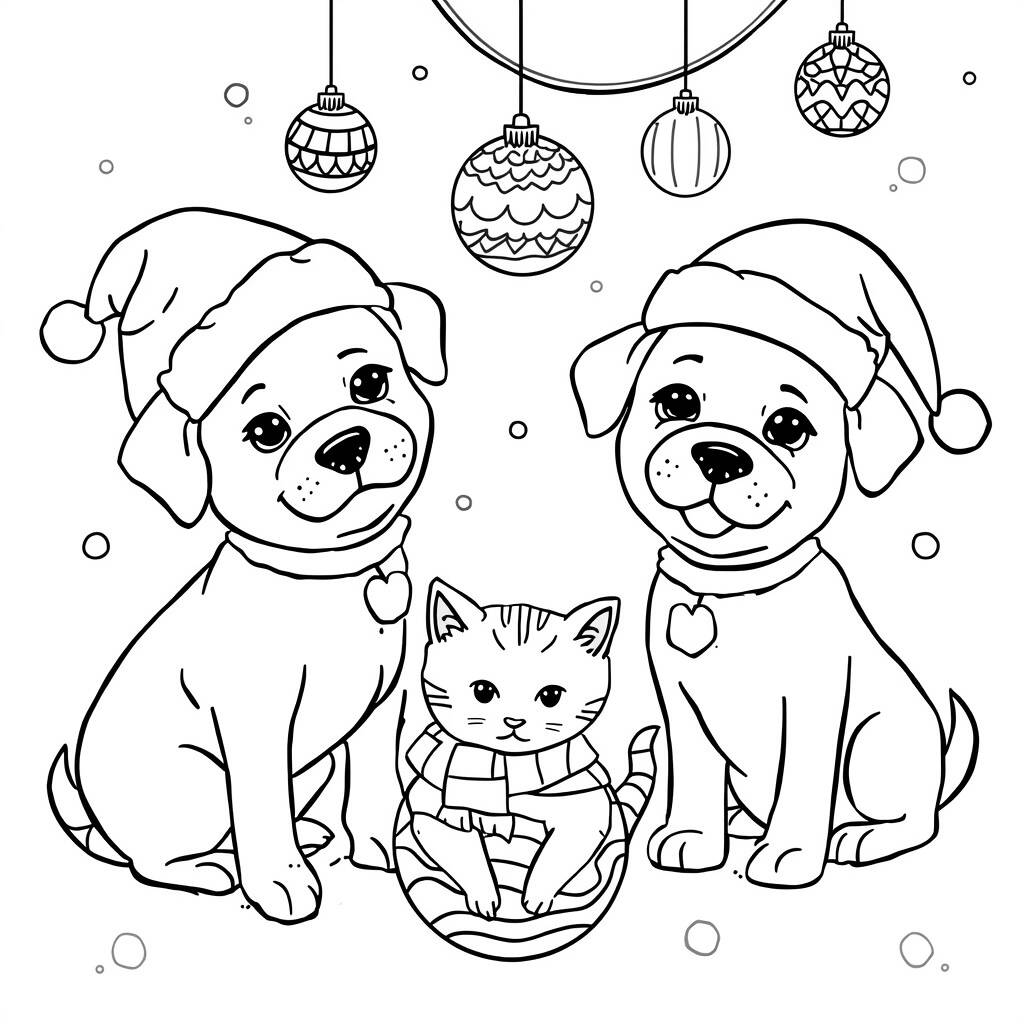 Desenho de Cães e Gatos Celebrando o Natal para Colorir