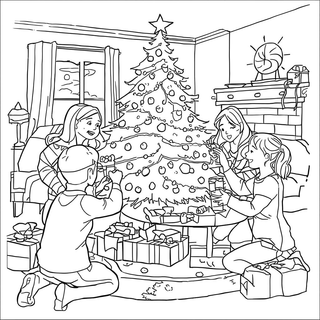 Desenho de Cenas de Natal com Família para Colorir