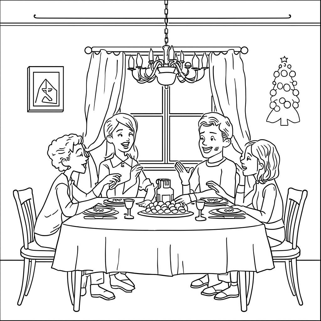Desenho de Cenas de Natal em Família para Colorir