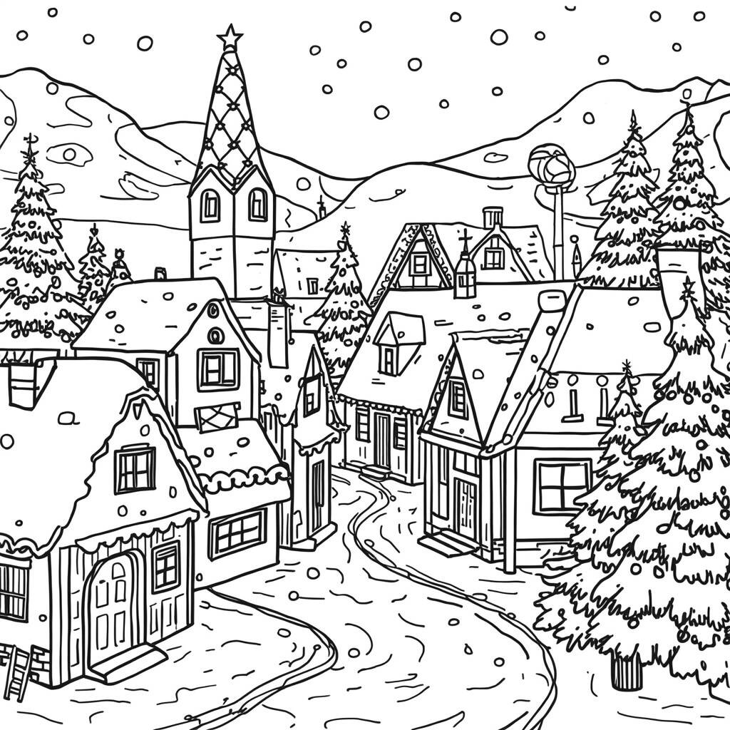 Desenho de Cenas de Natal em uma Vila para Colorir