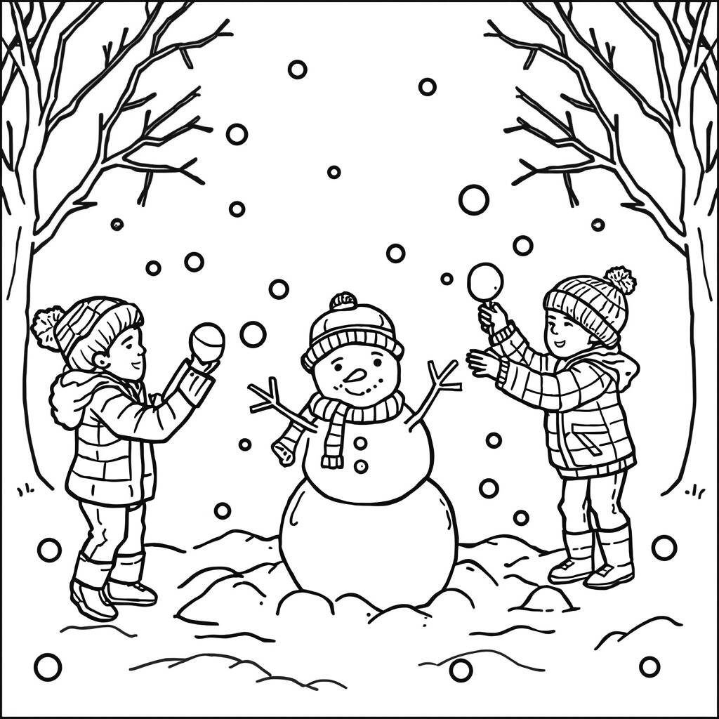 Desenho de Crianças Brincando na Neve para Colorir