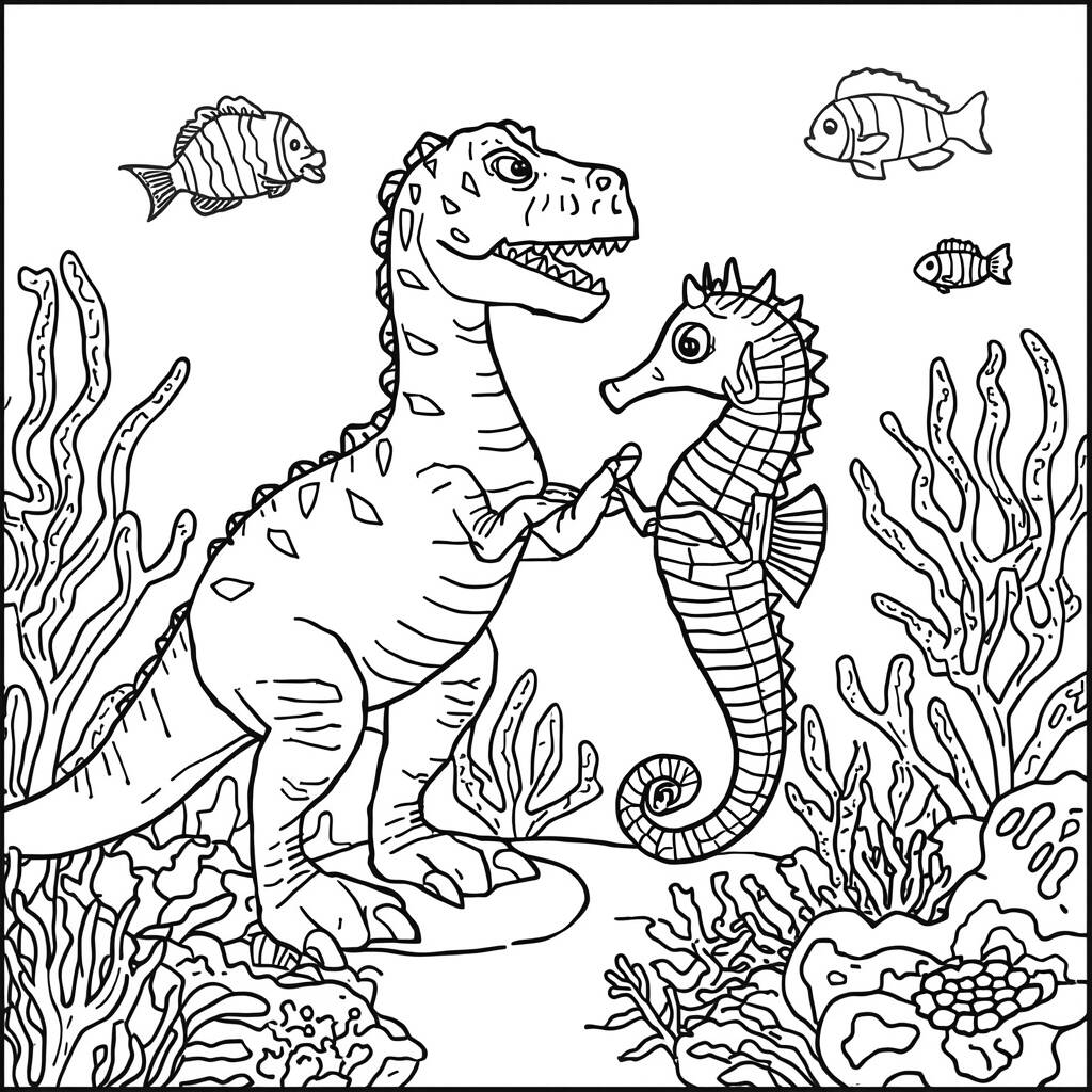 Desenho de Dinossauro e Cavalo Marinho para Colorir