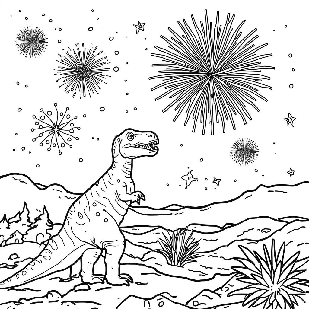 Página para colorear de dinosaurios y fuegos artificiales