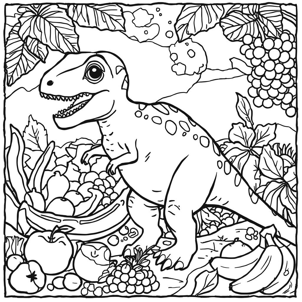 Desenho de Dinossauro e Frutas para Colorir