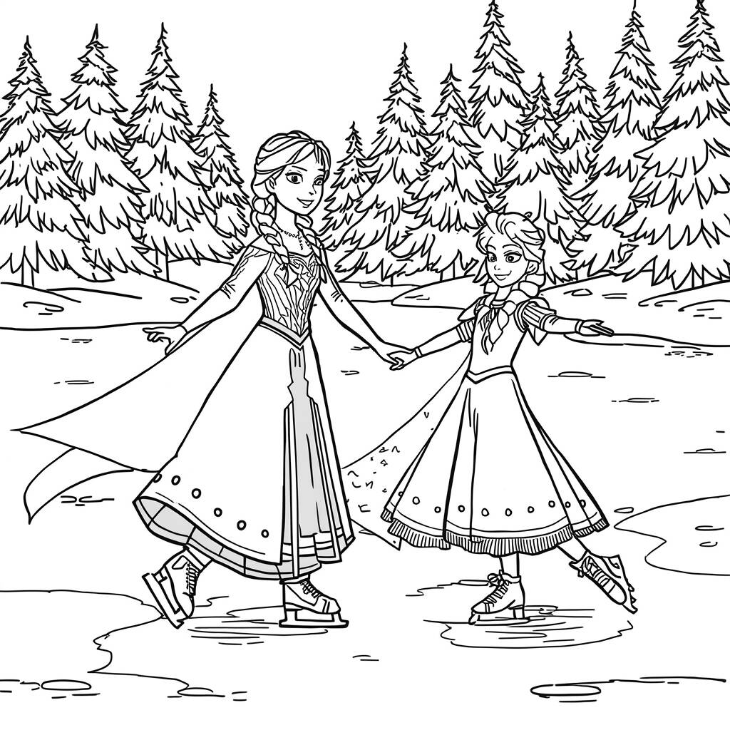 Desenho de Elsa e Anna em um lago congelado para Colorir