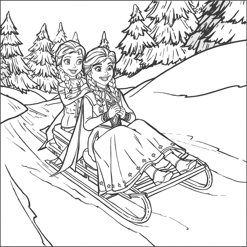 Desenho de Elsa e Anna em um trenó para Colorir