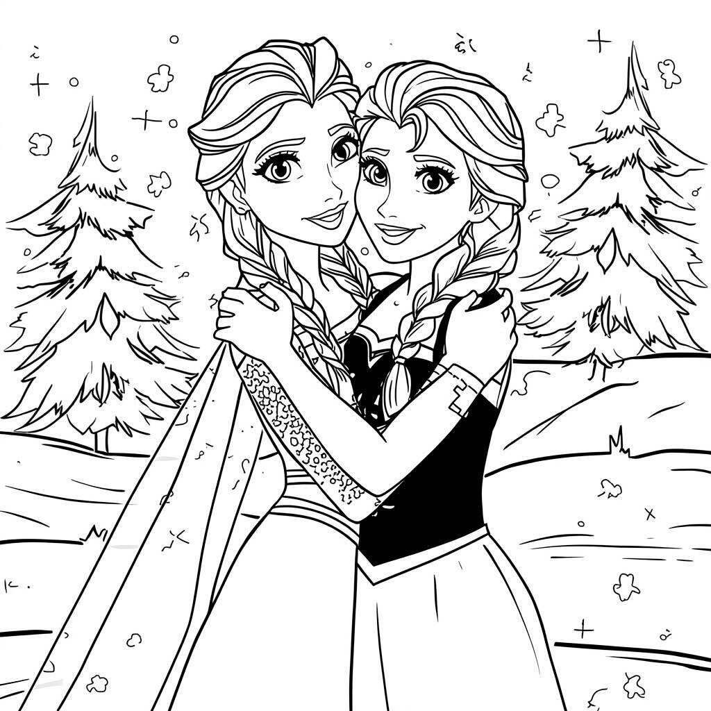 Elsa and Anna together from Frozen Coloring Page
