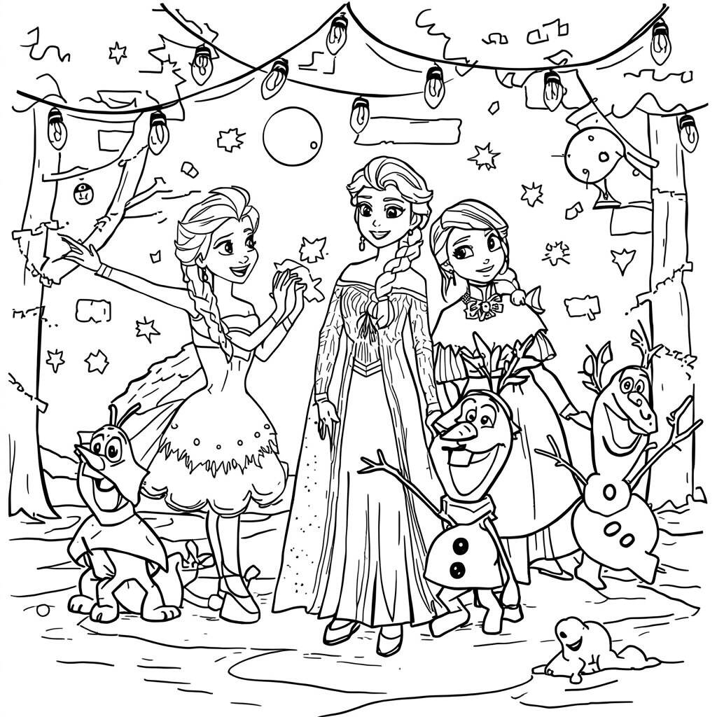 Elsa and her friends at a winter party coloring page