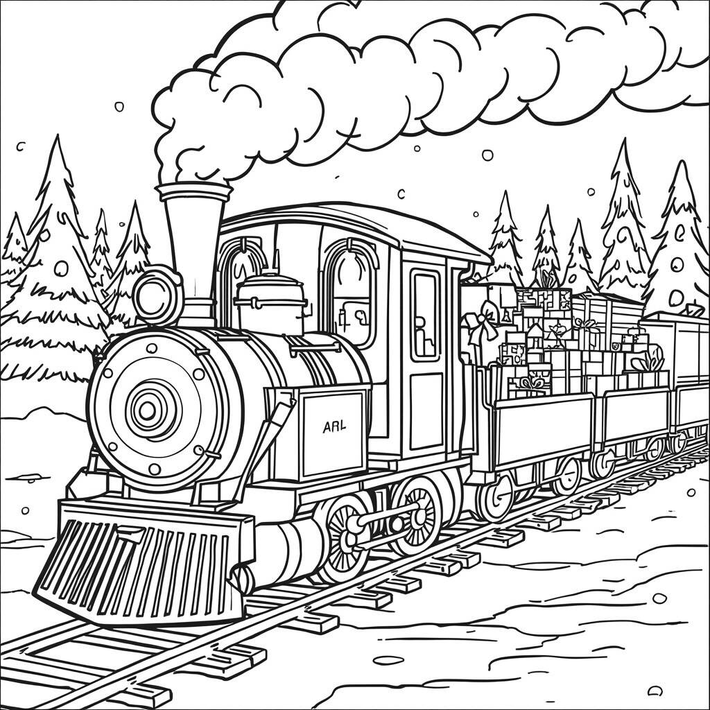 Christmas Season with Train Coloring Page