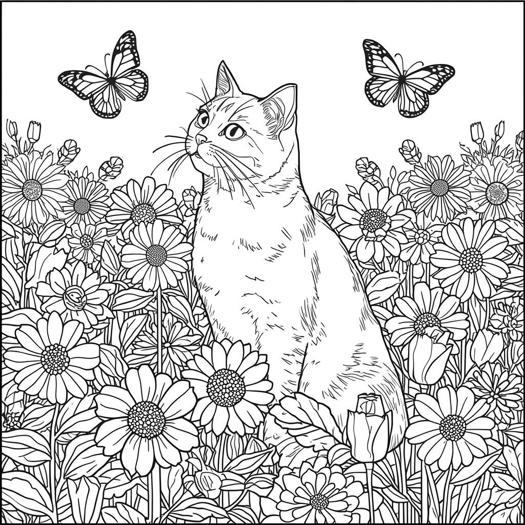 Desenho de Gato com Flores para Colorir