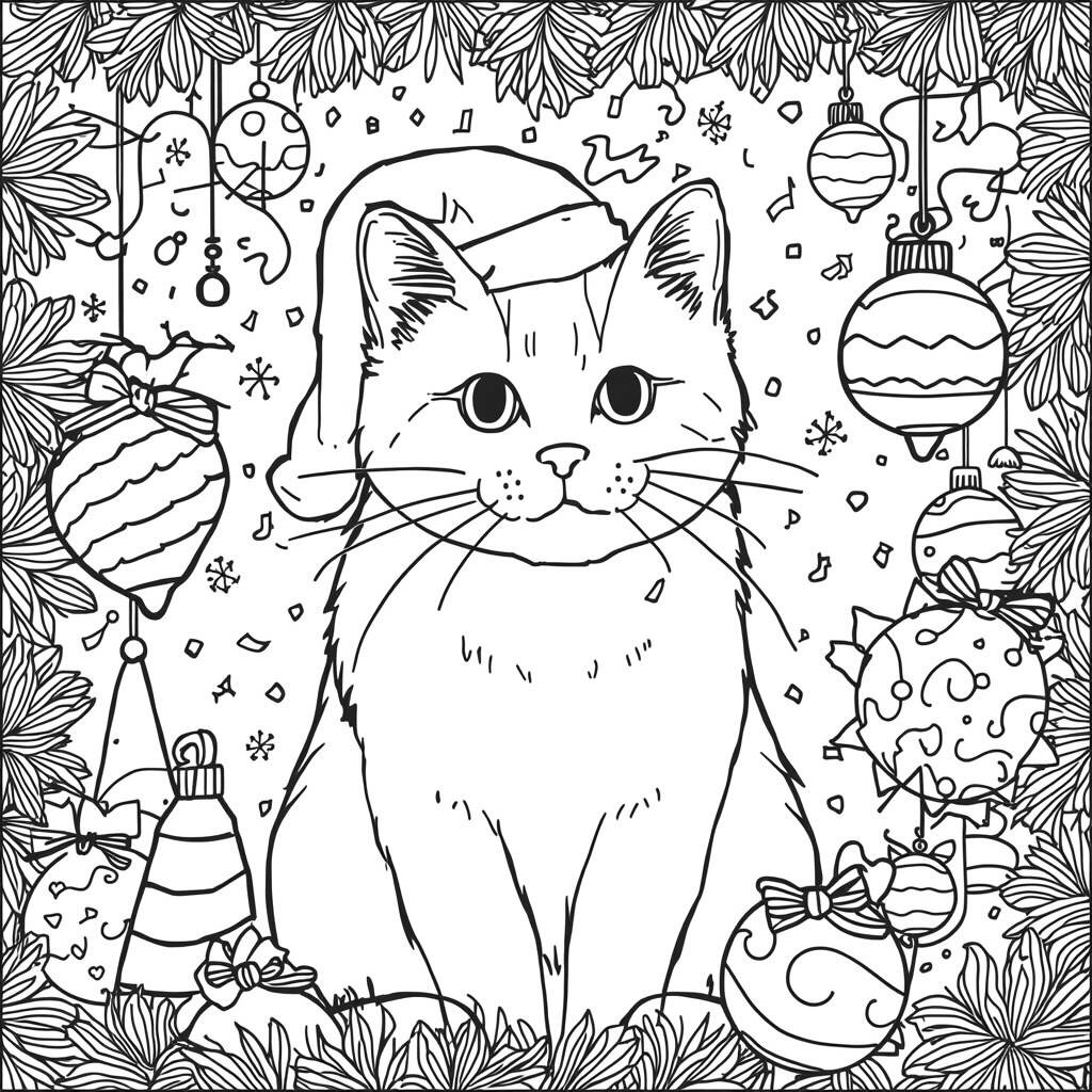 Desenho de Gato de Natal para Colorir