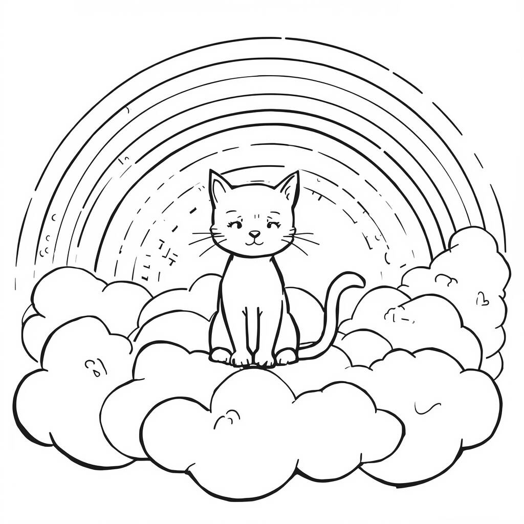 Desenho de Gato e Arco-Íris para Colorir