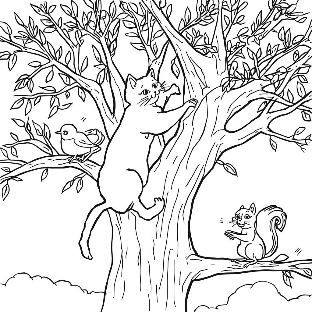 Desenho de Gato e Arvore para Colorir