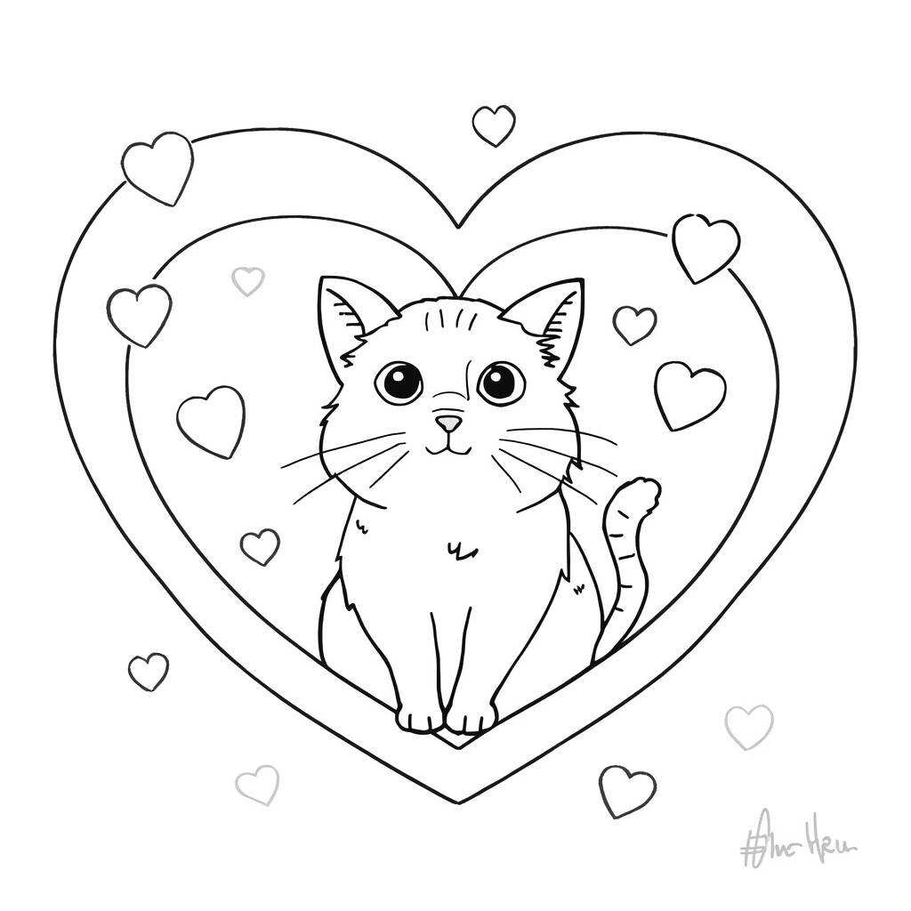 Desenho de Gato e Coração para Colorir