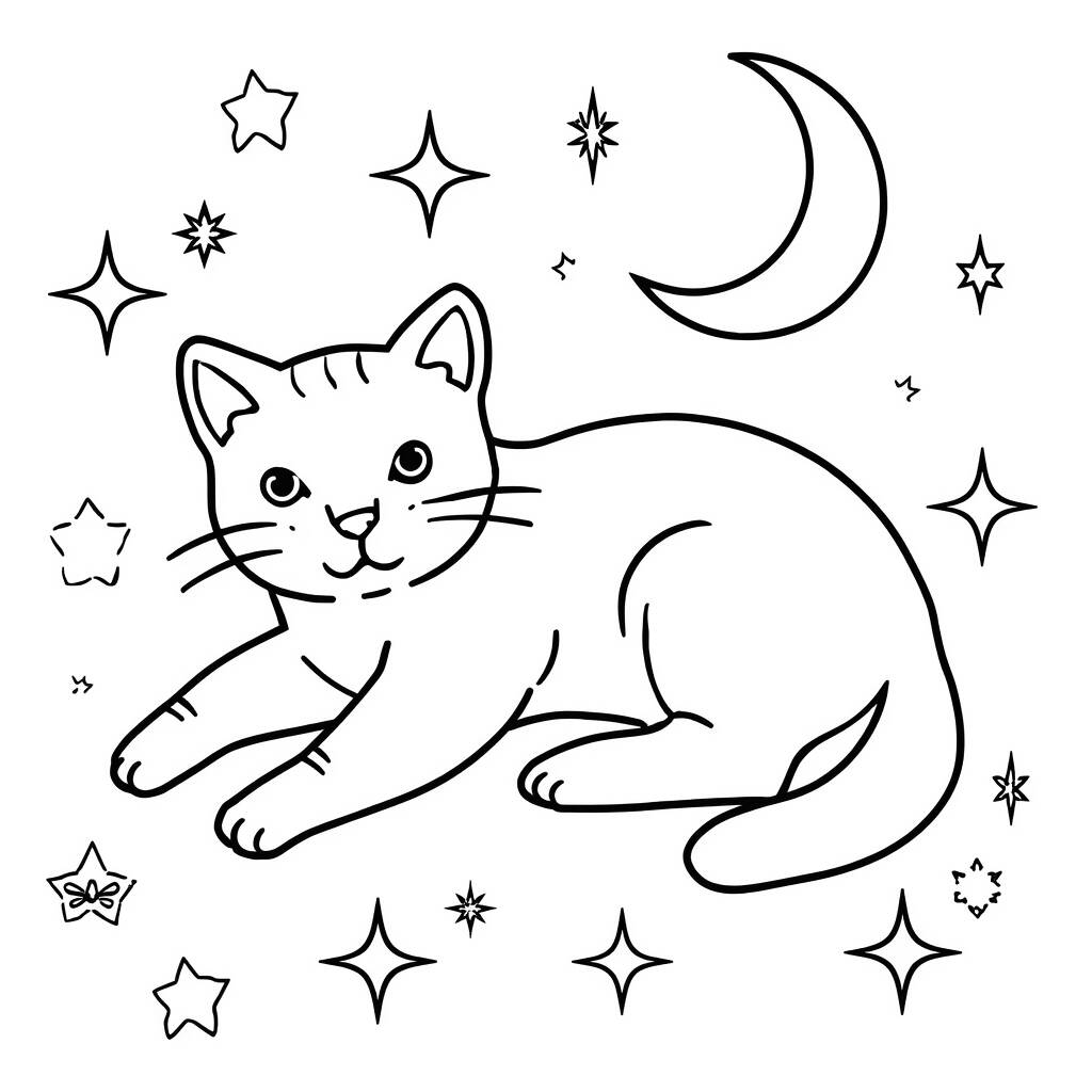 Página para colorear de gato y estrellas
