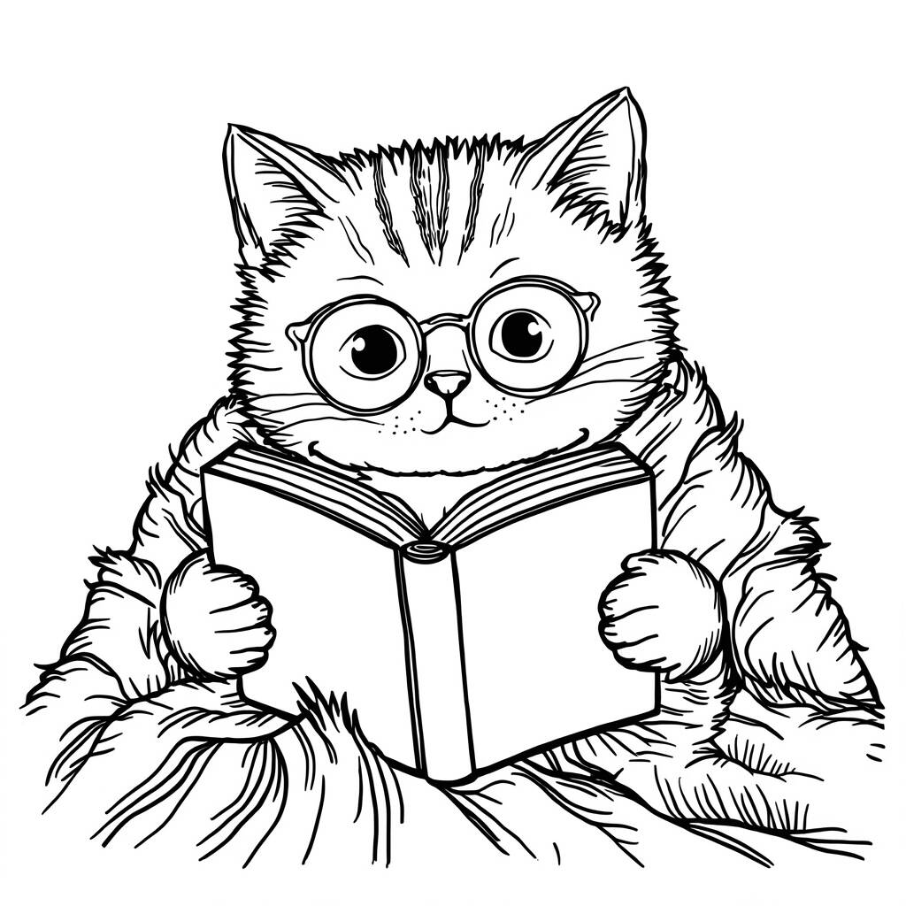 Desenho de Gato e Livro para Colorir