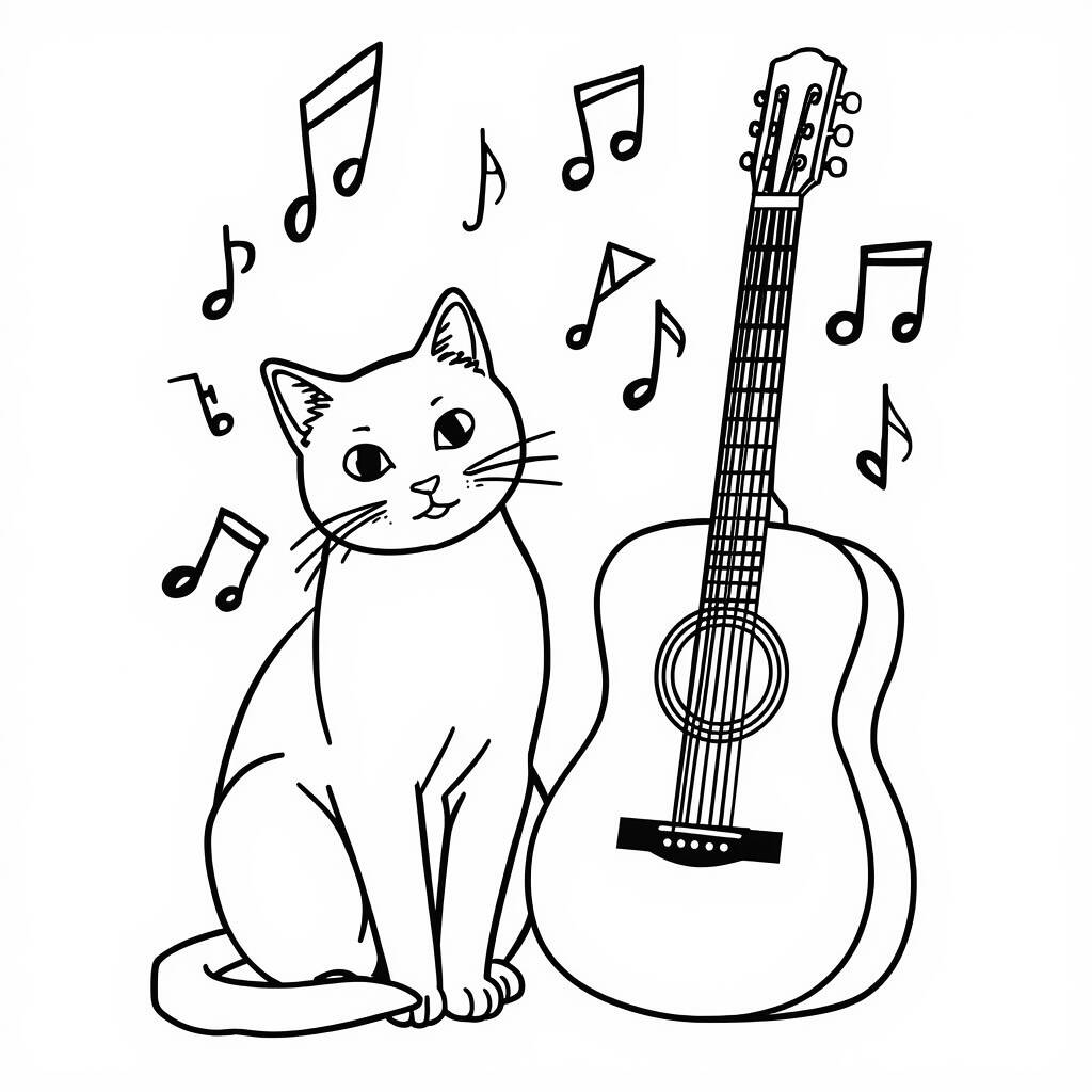 Desenho de Gato e Música para Colorir