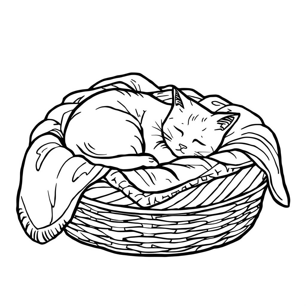 Desenho de Gato em um Cesto para Colorir