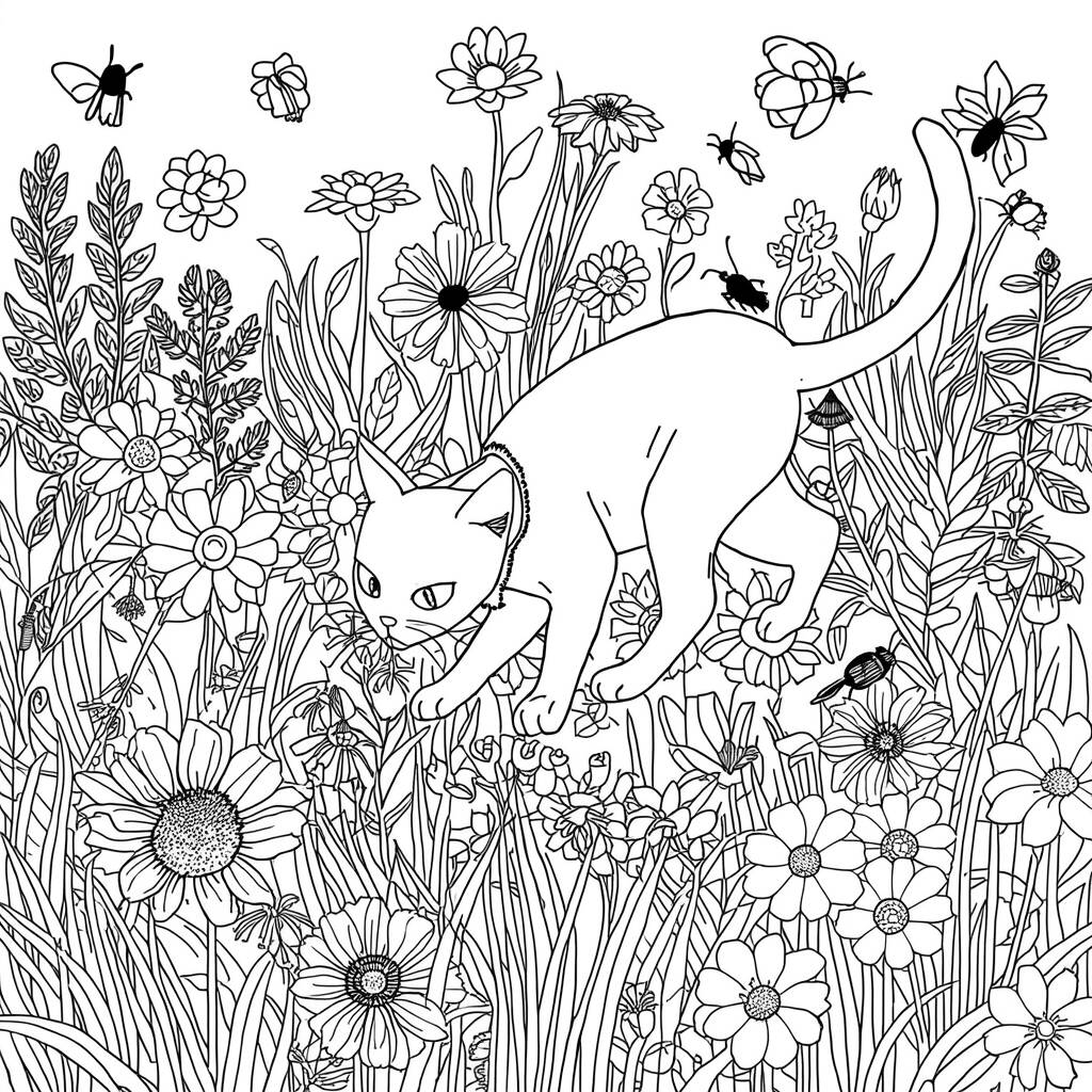 Desenho de Gato no Jardim para Colorir