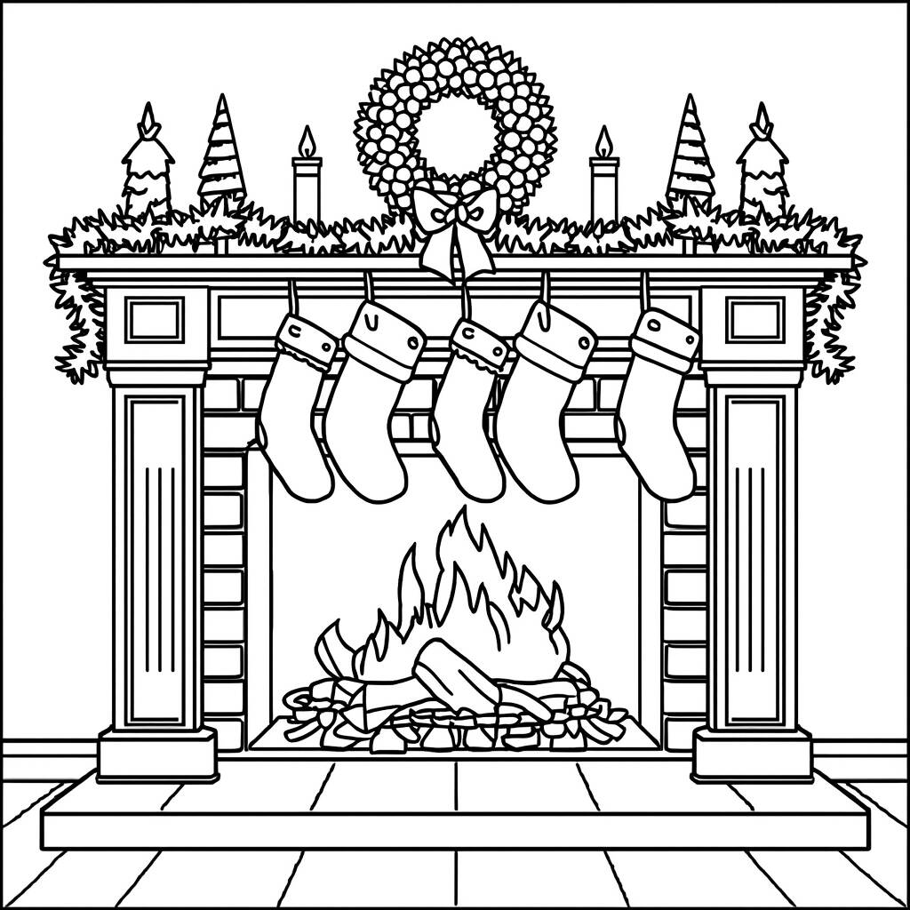 Desenho de Lareira Decorada para o Natal para Colorir