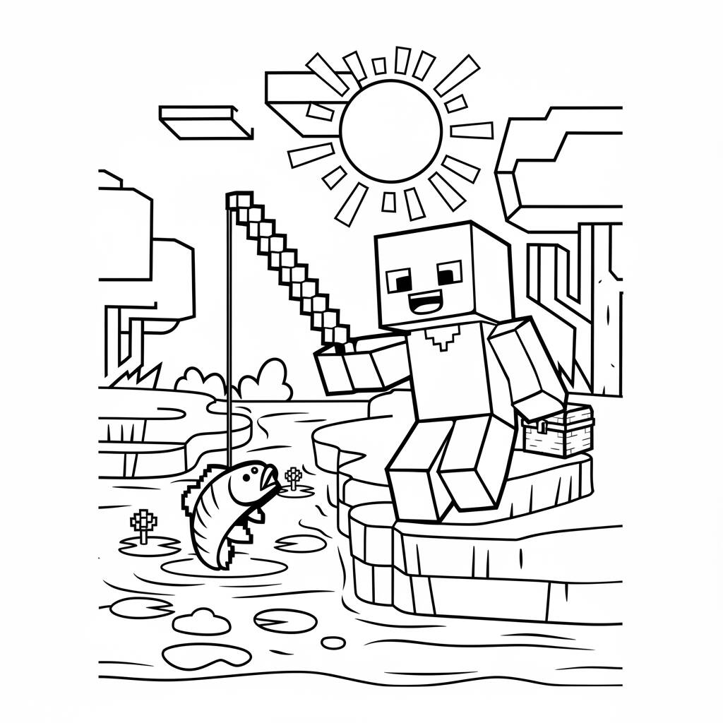 Desenho de Minecraft com personagem pescando para colorir
