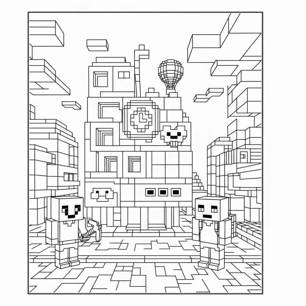 Desenho de Minecraft com personagens e um cenário para colorir