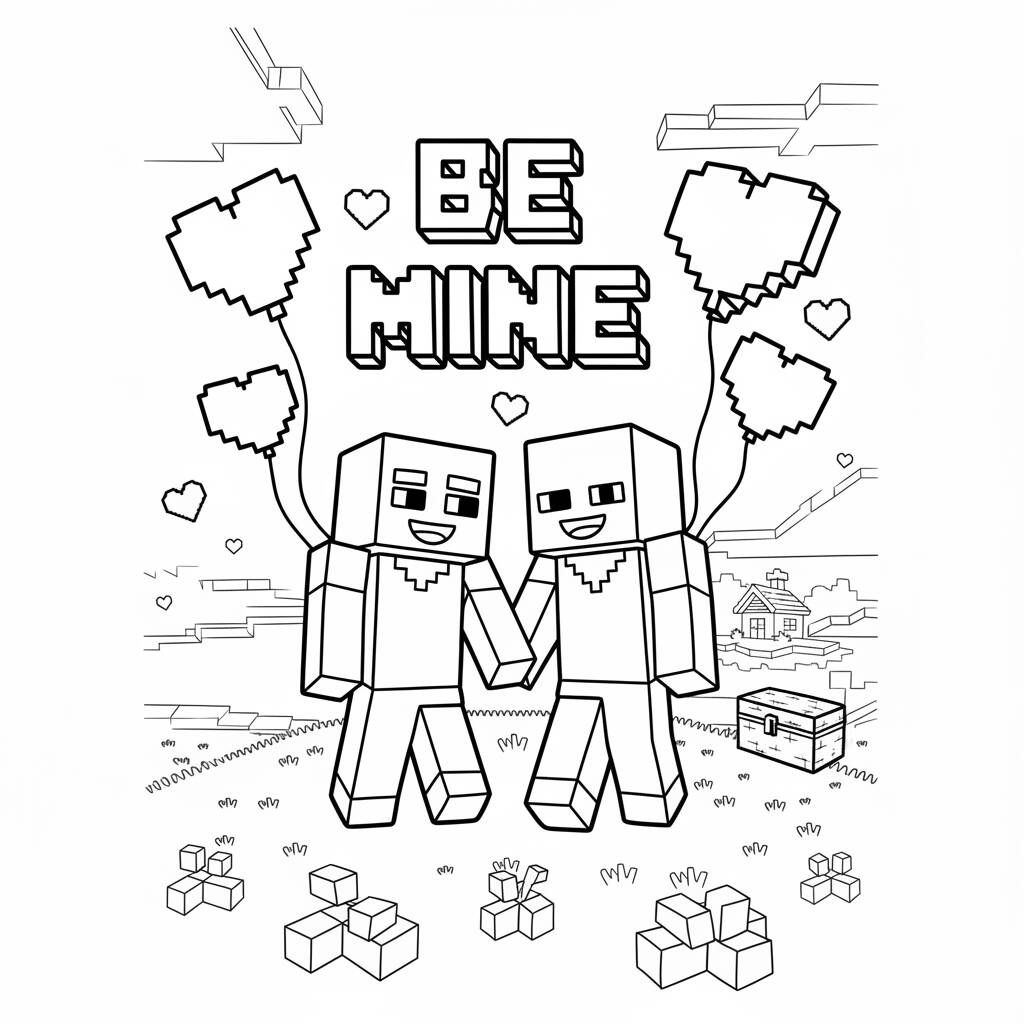 Desenho de Minecraft com personagens segurando balões para colorir
