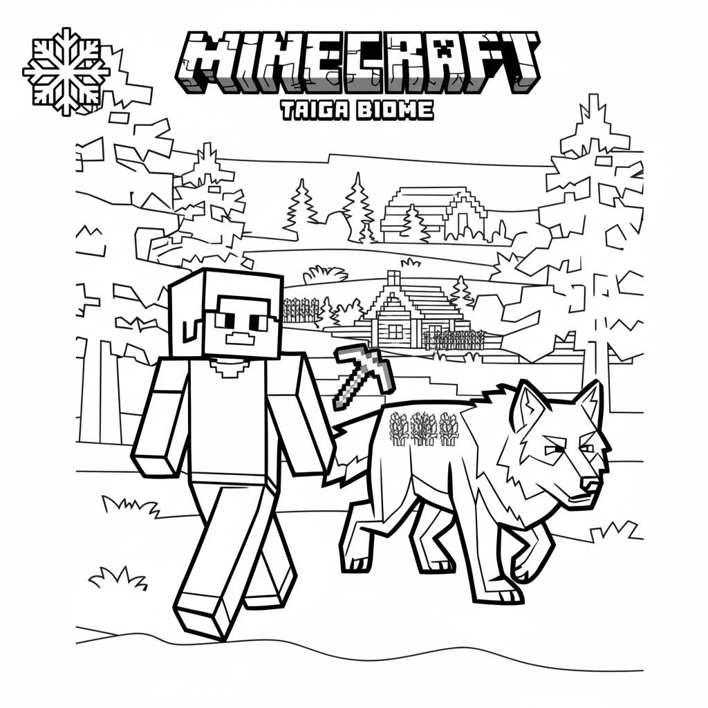 Desenho de Minecraft com um personagem e um lobo para colorir