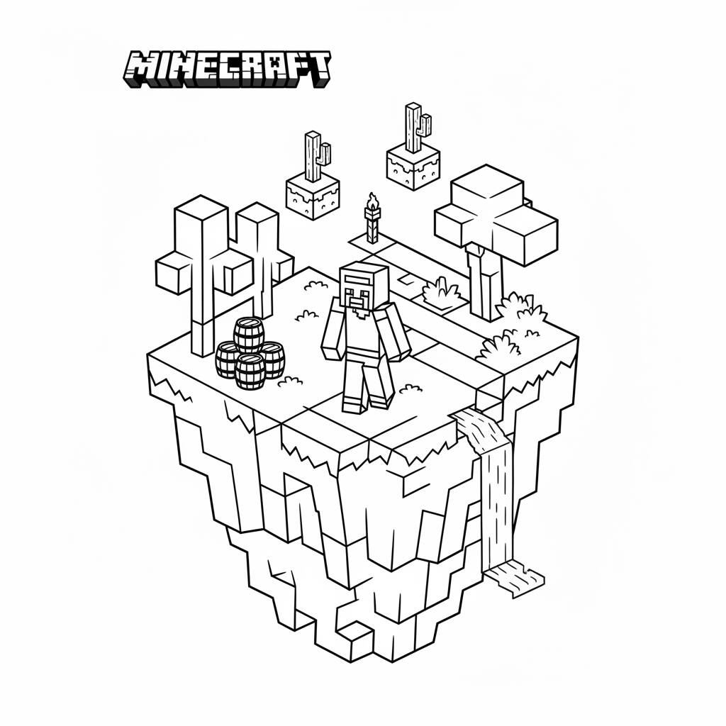 Desenho de Minecraft com um personagem em uma ilha flutuante para colorir