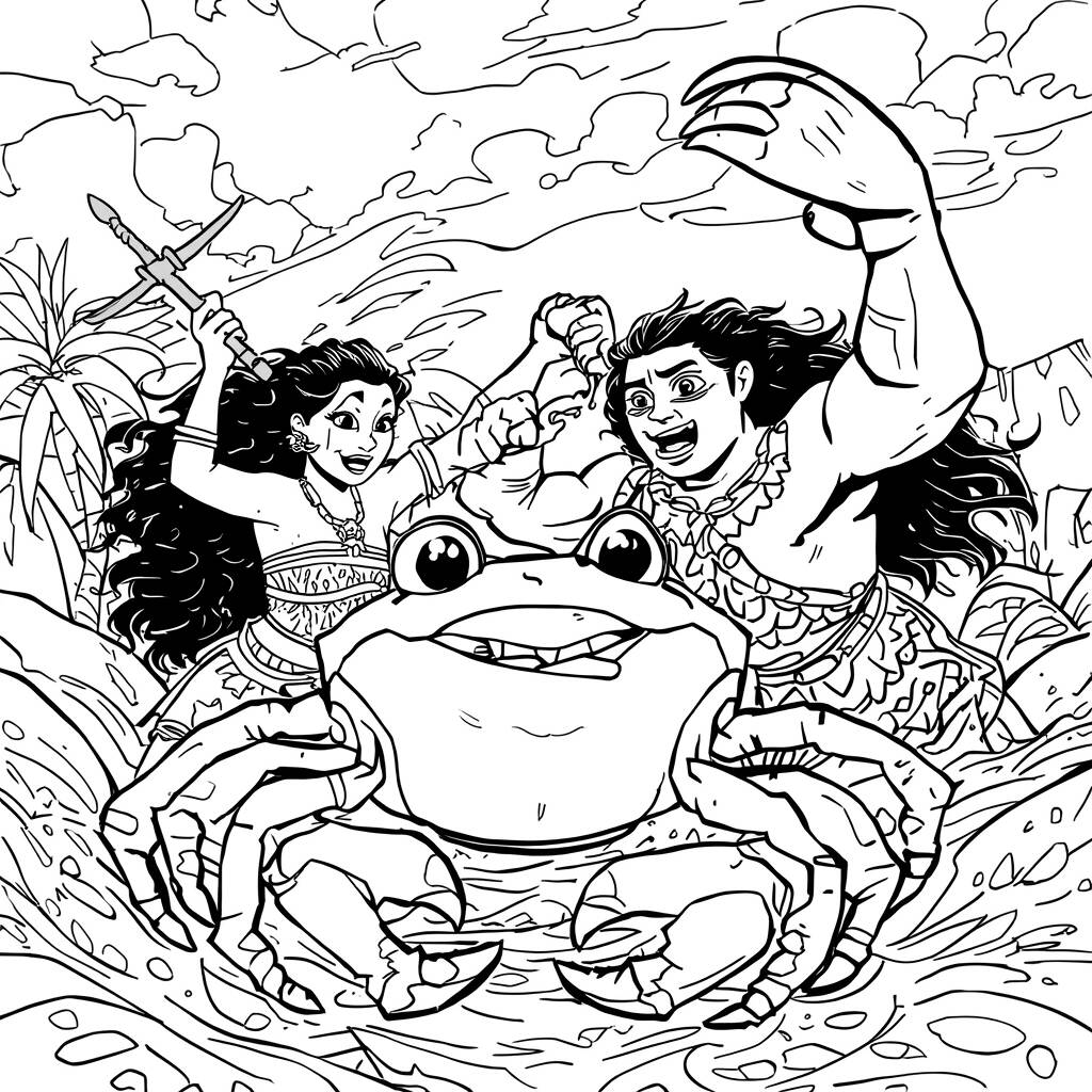 Desenho de Moana e Maui em Ação para Colorir