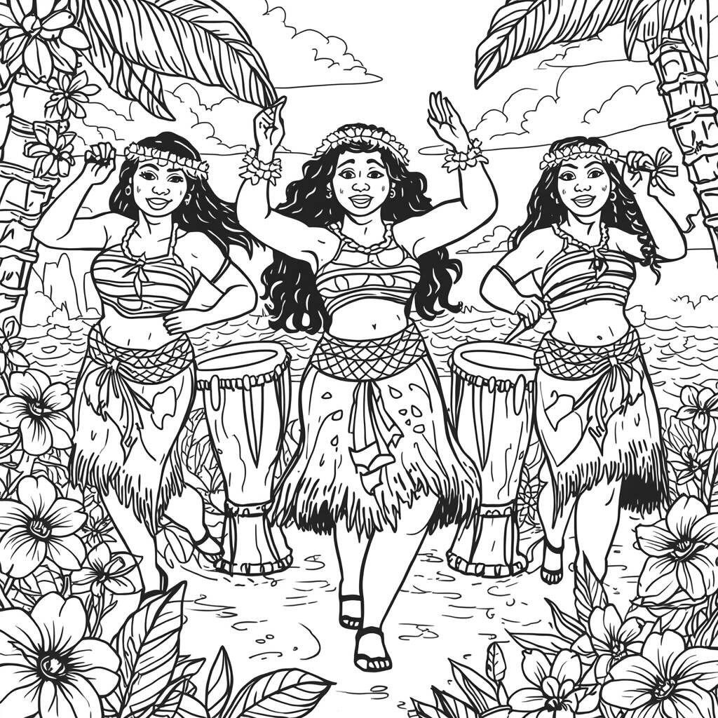 Desenho de Moana e a Dança da Ilha para Colorir