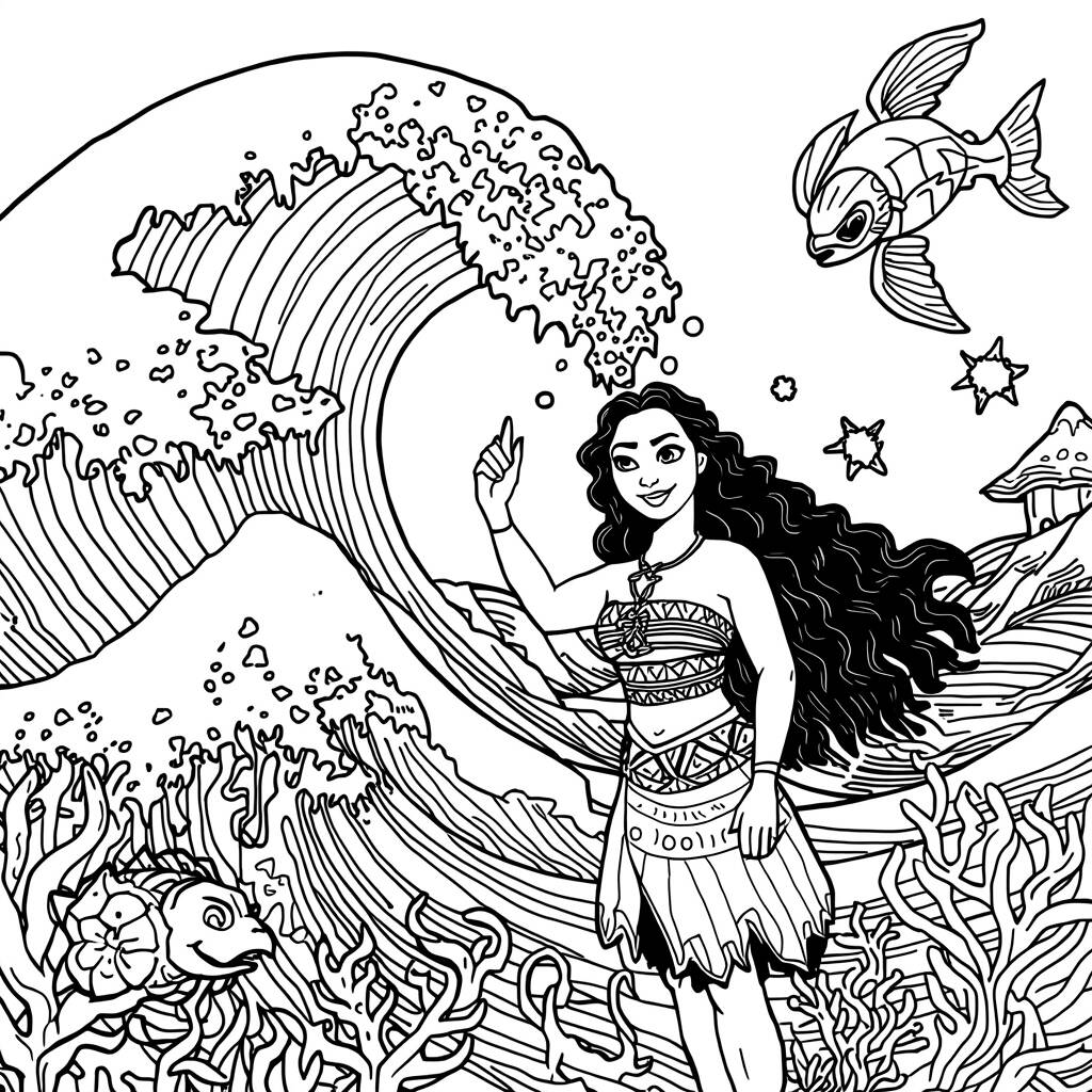 Desenho de Moana e o Espirito do Oceano para Colorir