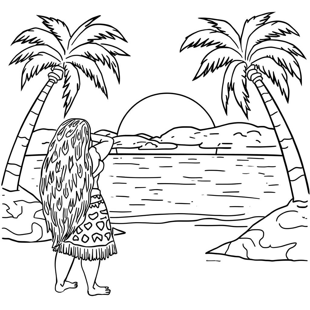 Desenho de Moana e o Pôr do Sol para Colorir