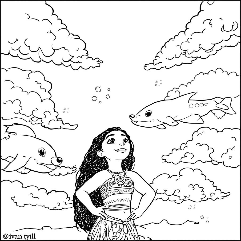 Desenho de Moana e os Nuvens para Colorir