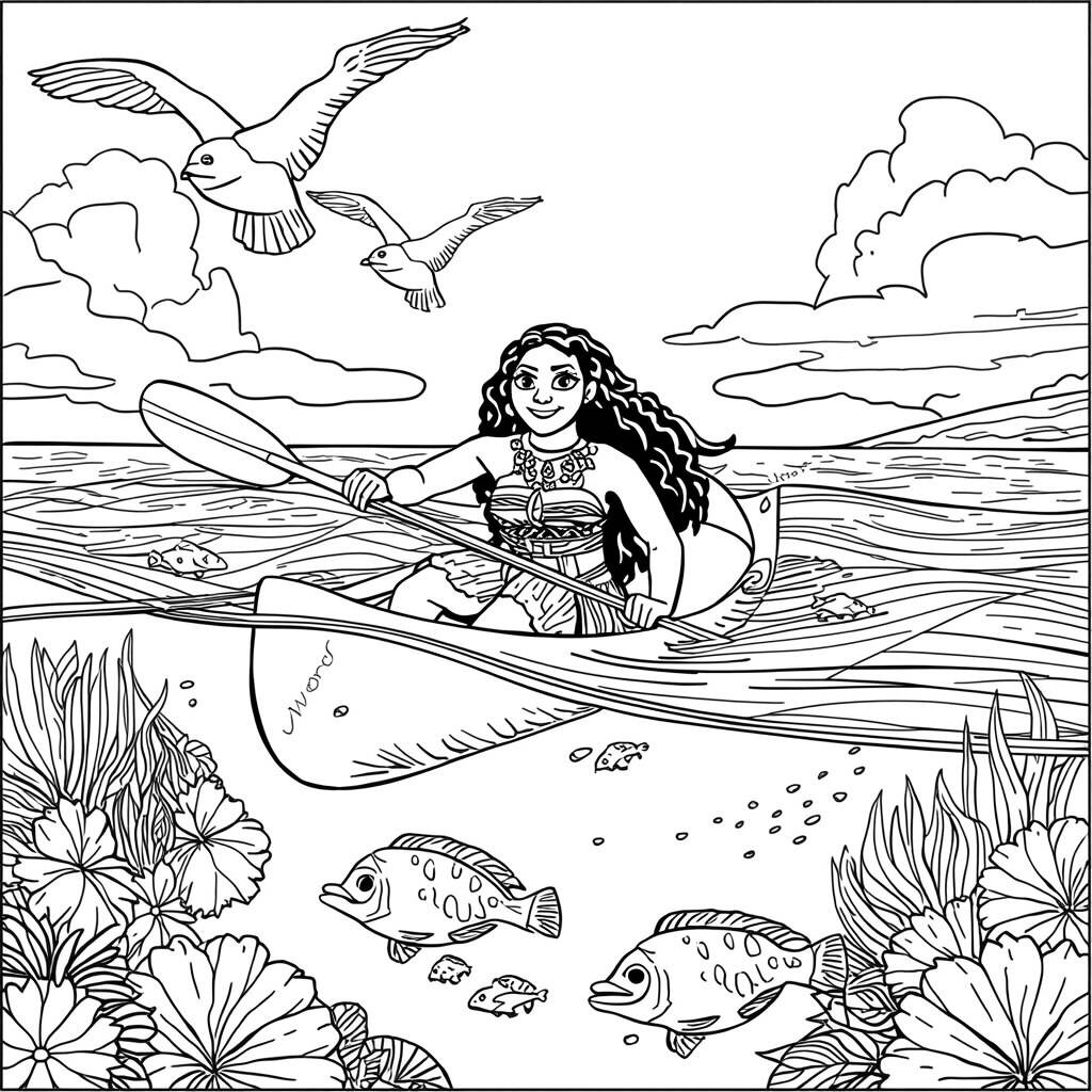 Desenho de Moana em sua Canoa para Colorir