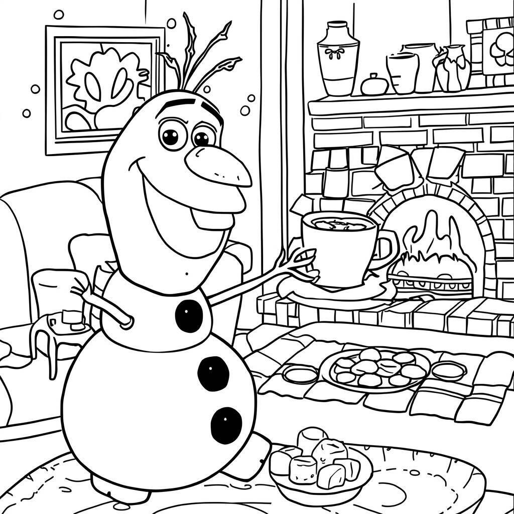 Desenho de Olaf com uma xícara de chocolate quente para Colorir