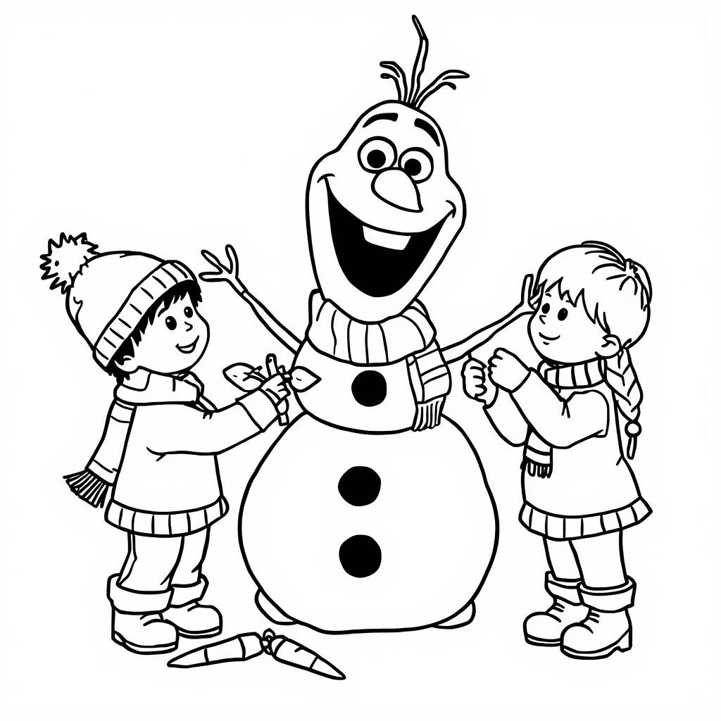 Desenho de Olaf fazendo um boneco de neve com crianças para Colorir