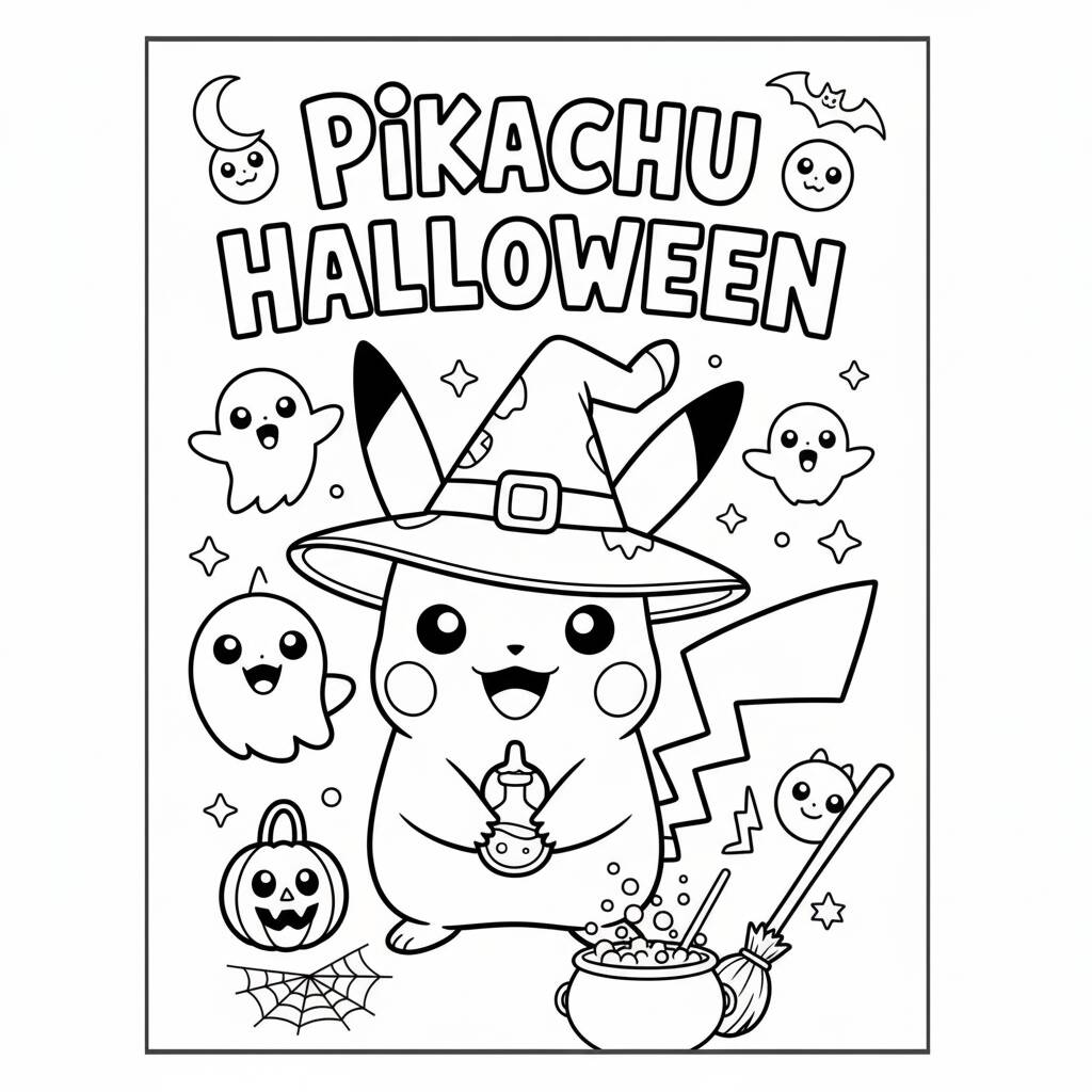 Desenho de Pikachu com tema de Halloween para colorir