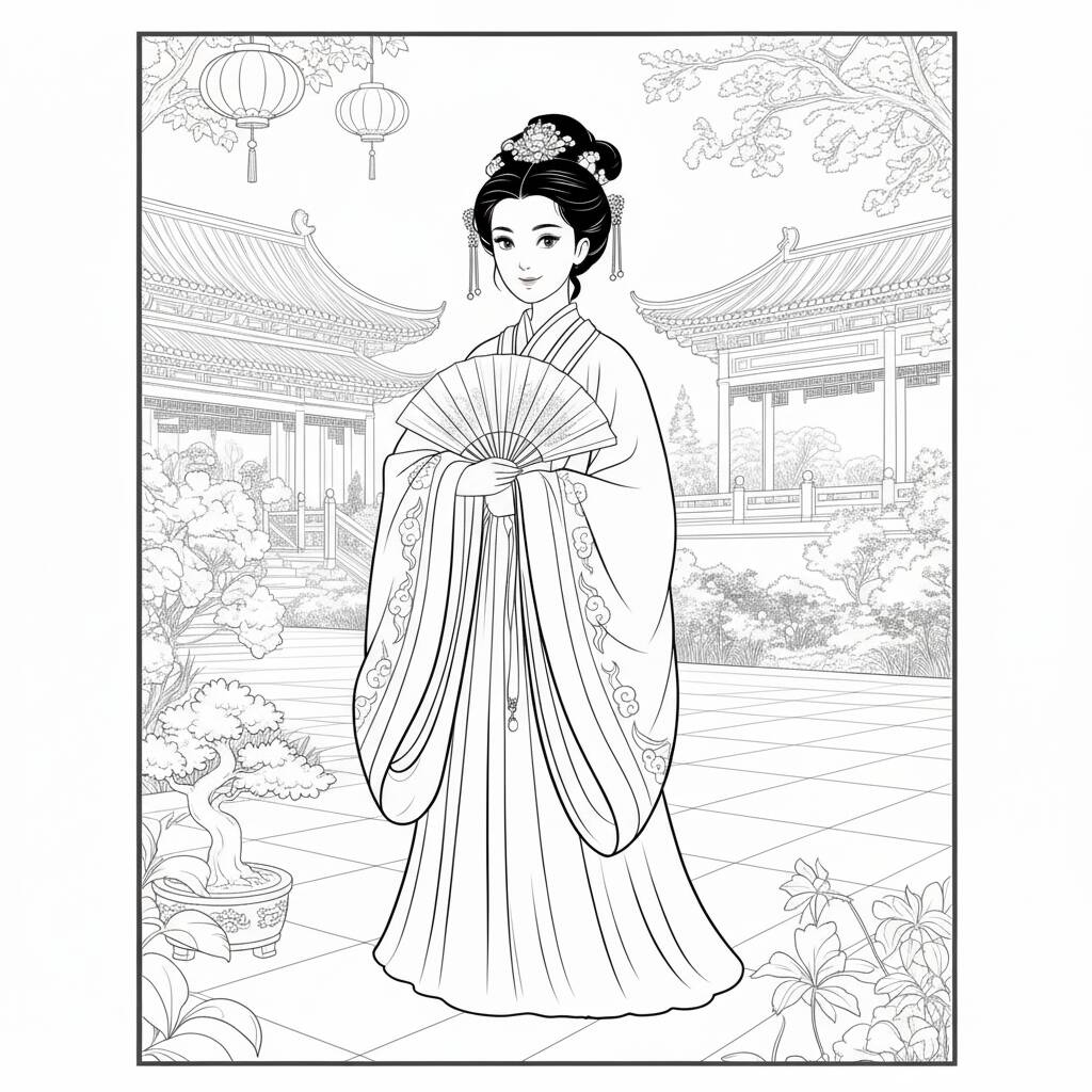 Desenho de Princesa Chinesa com leque para colorir