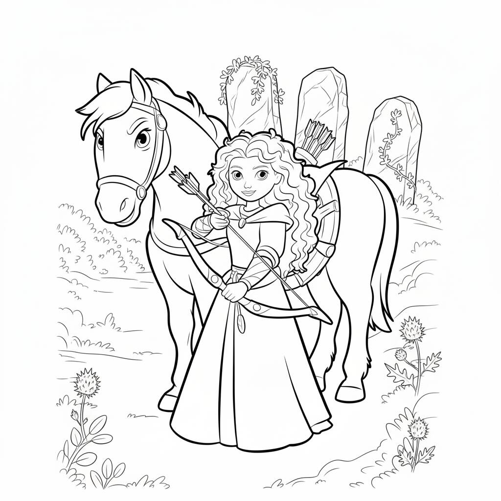 Desenho de Princesa arqueira com seu cavalo para colorir