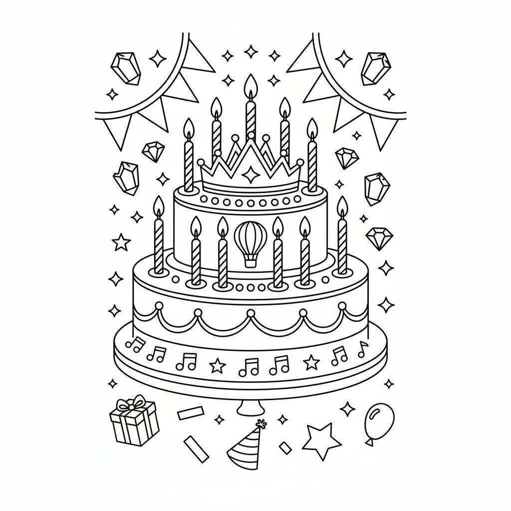Desenho de Princesa com bolo de aniversário para colorir