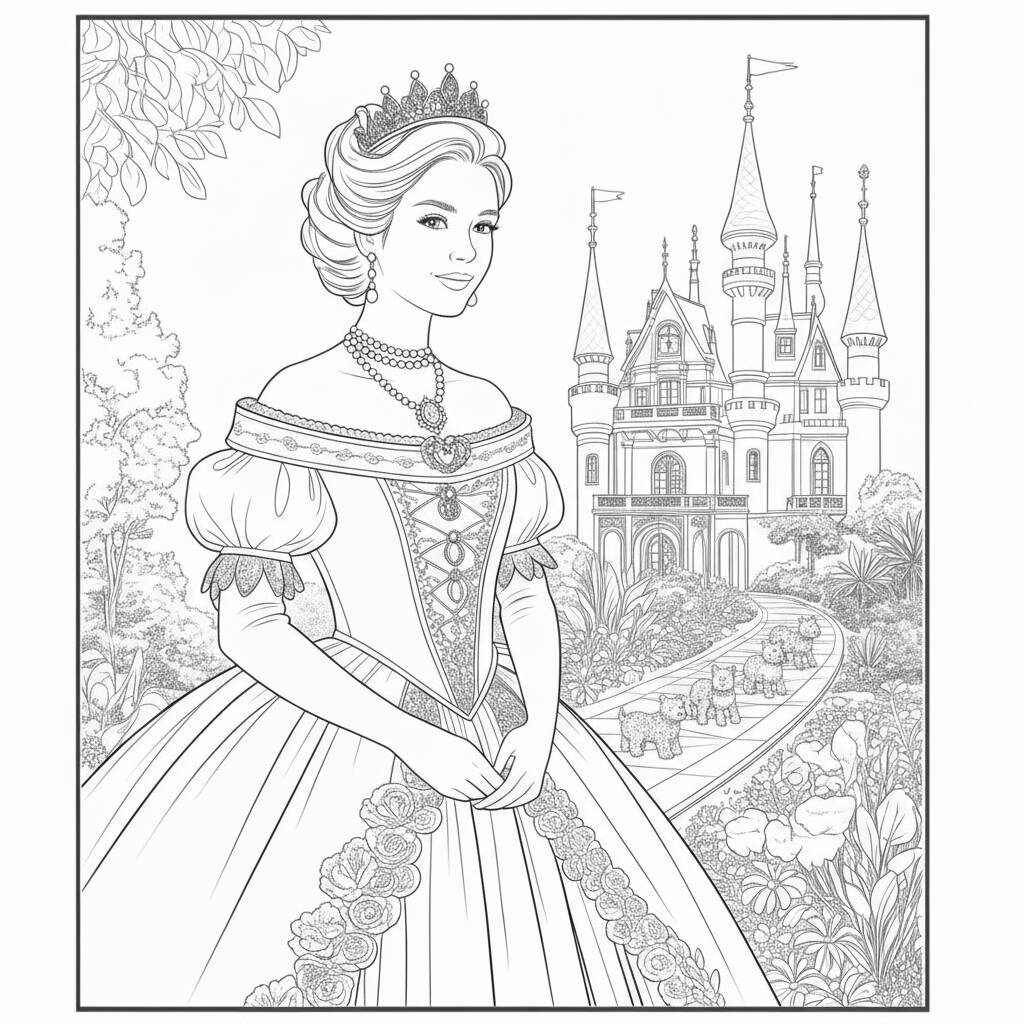 Desenho de Princesa em frente ao castelo para colorir