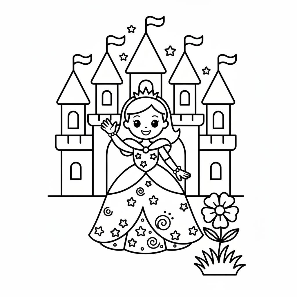Desenho de Princesa no castelo para colorir