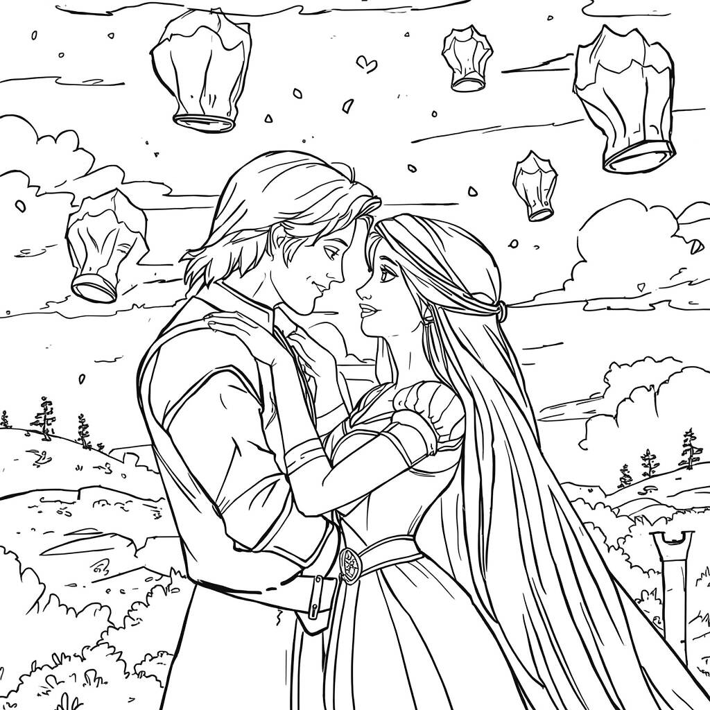 Desenho de Rapunzel e Flynn para Colorir