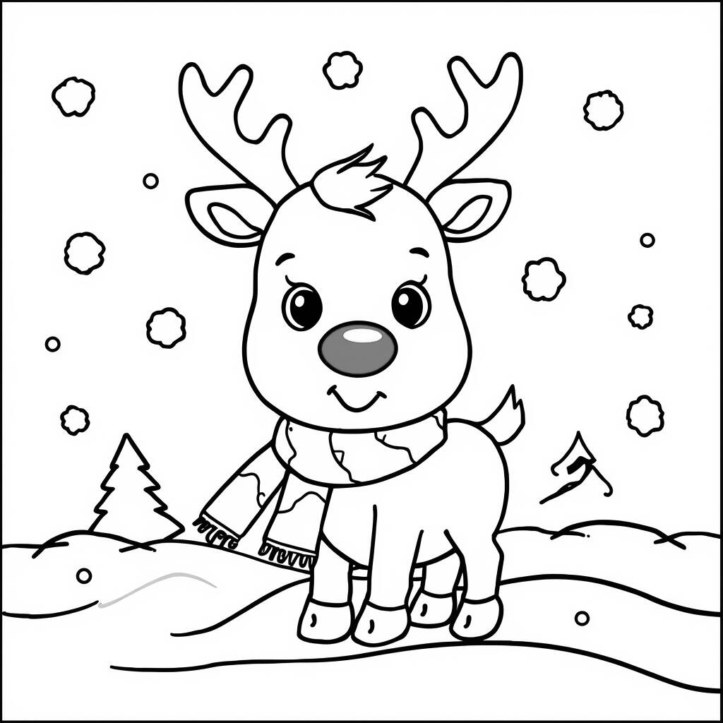 Desenho de Rena com Nariz Vermelho para Colorir