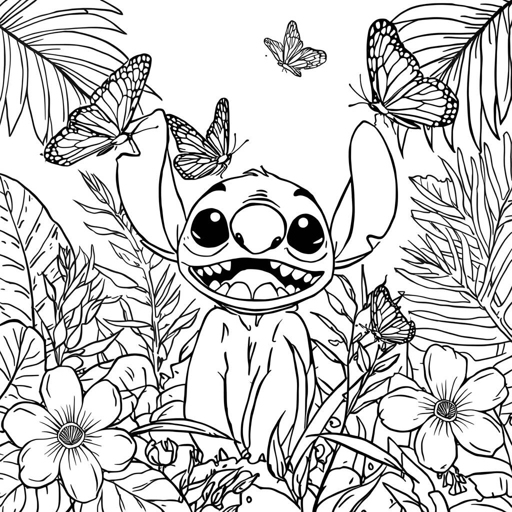 Desenho de Stitch com Flores para Colorir