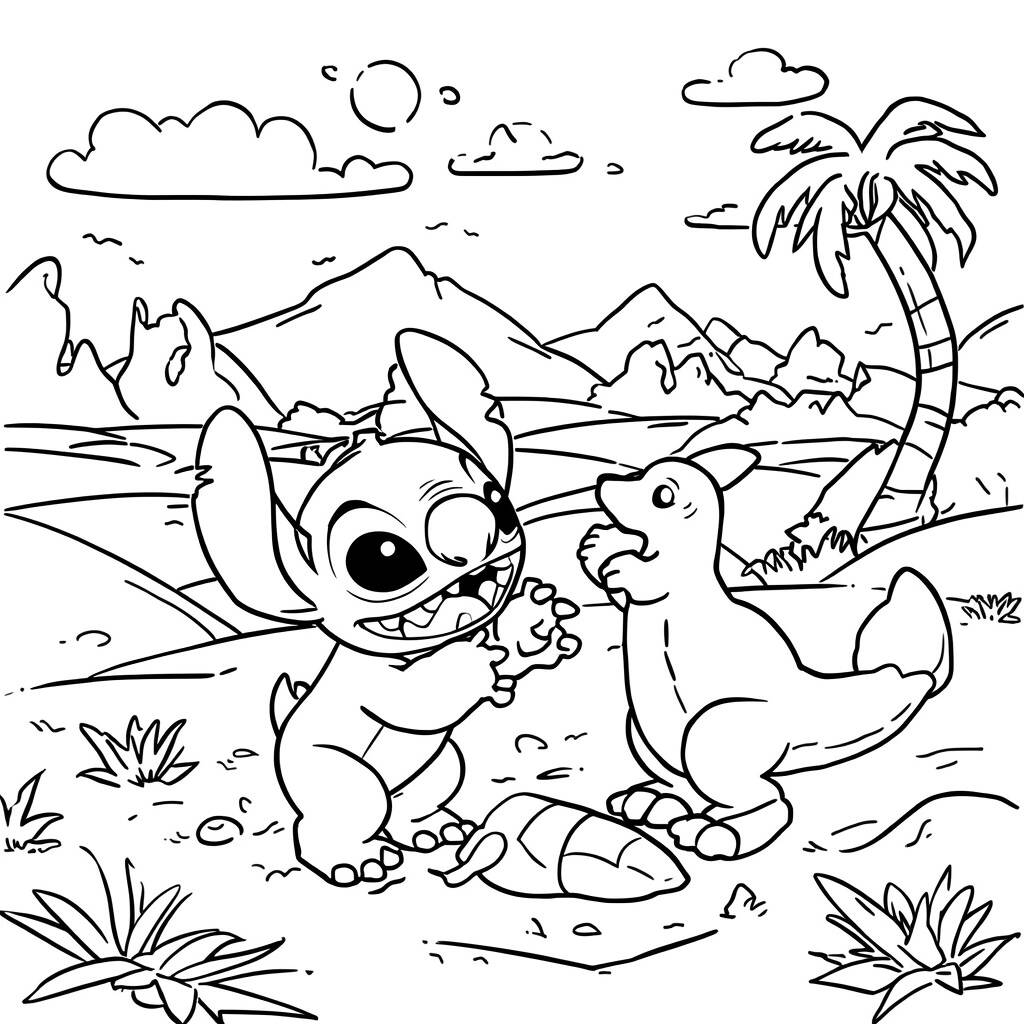 Desenho de Stitch e Dinossauro para Colorir