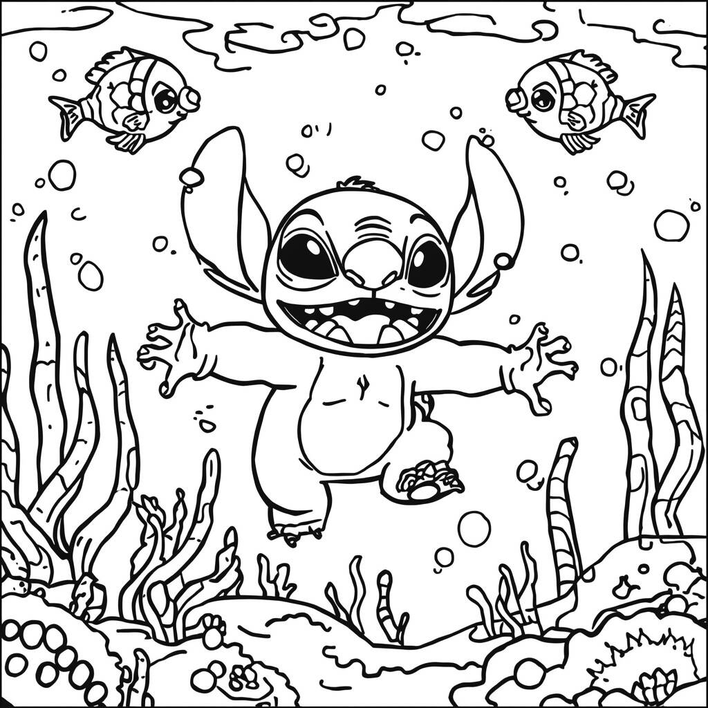 Desenho de Stitch e Peixes Coloridos para Colorir