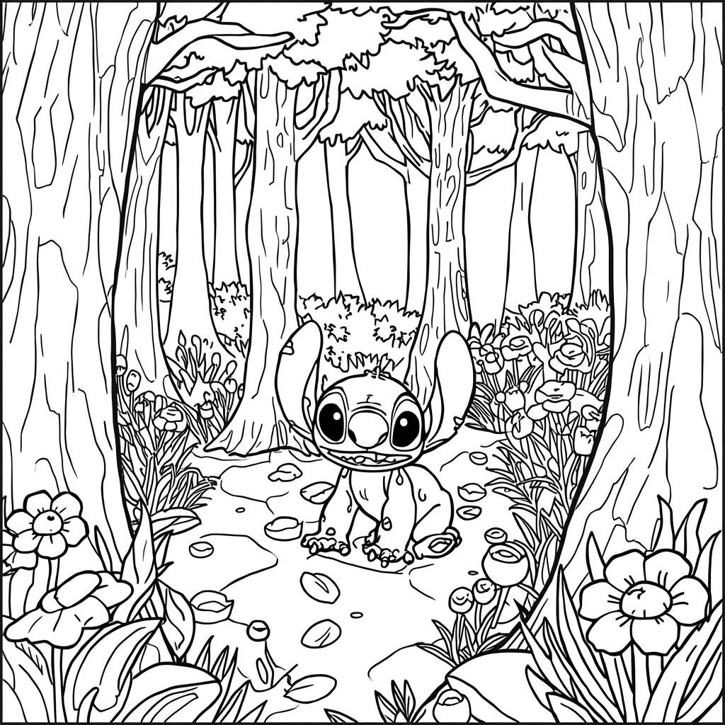 Desenho de Stitch e a Floresta para Colorir