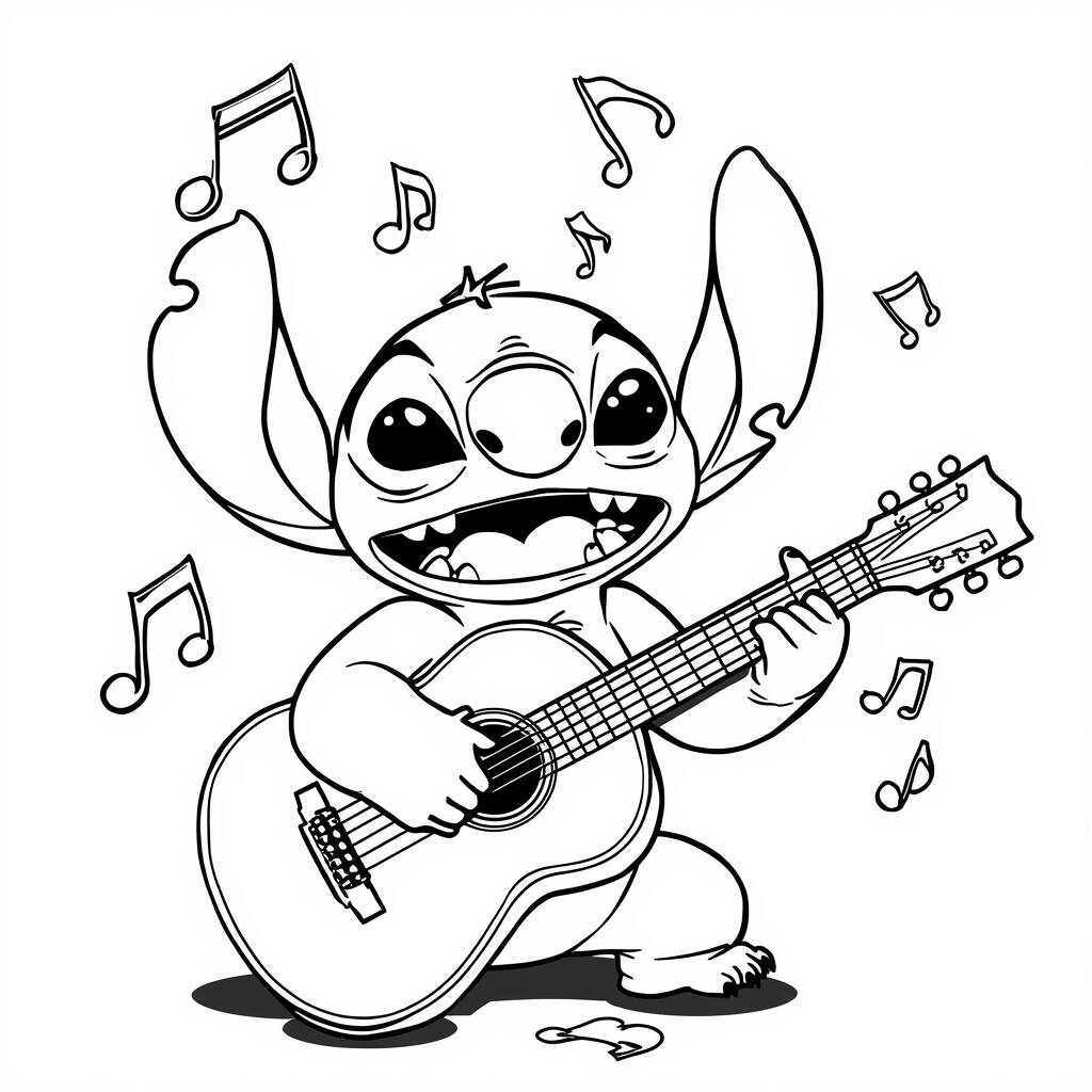 Desenho de Stitch e a Música para Colorir
